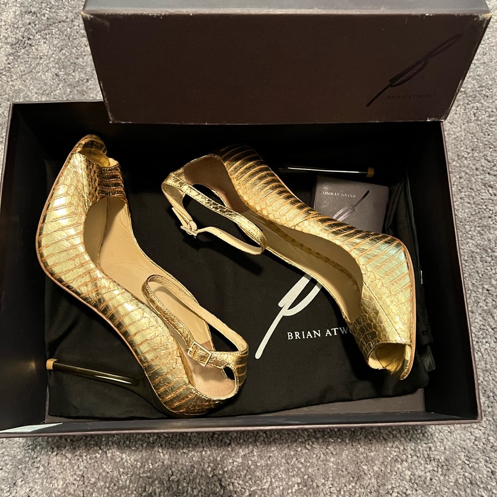 Brian Atwood gold leather open toe shoes